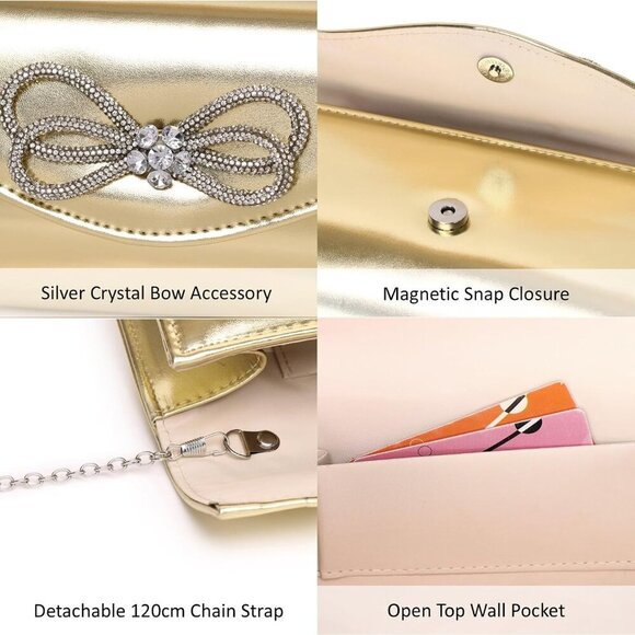 Women Evening Handbag Shiny Crystal Bow Flap Clutch Purse for Women Wedding Part - Picture 8 of 9